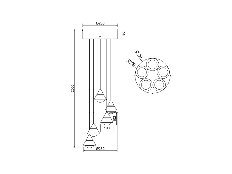 LED Cluster Pendelleuchte ROMEO höhenverstellbar, 5-flammig Schwarz Ø 28cm