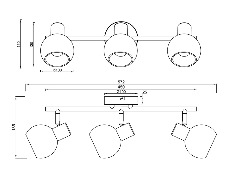 LED Deckenstrahler 3-flammig aus Metall in Beige mit Glasschirmen, Breite 45cm