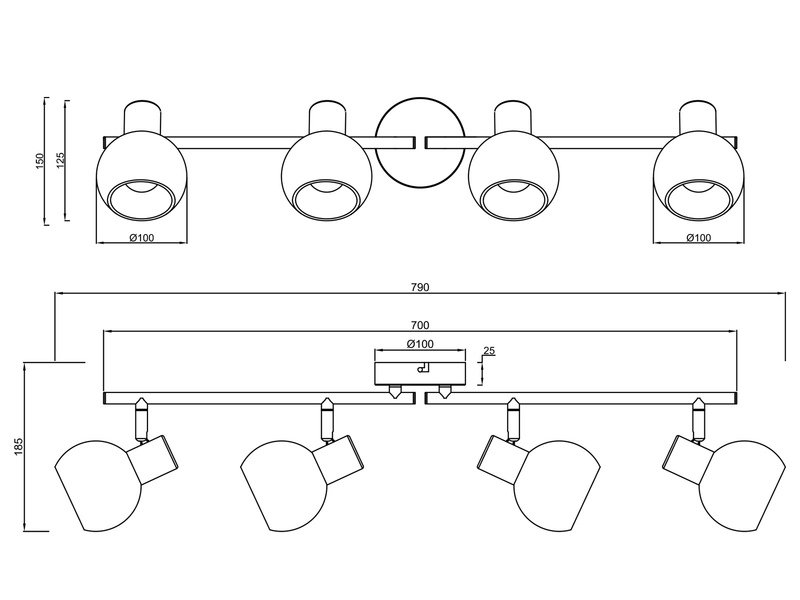 LED Deckenstrahler 4-flammig aus Metall in Beige mit Glasschirmen, Breite 70cm