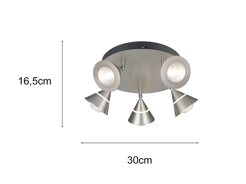 Moderner LED Deckenstrahler ROMEO mit 5 schwenkbaren Spots Silber Ø 30cm