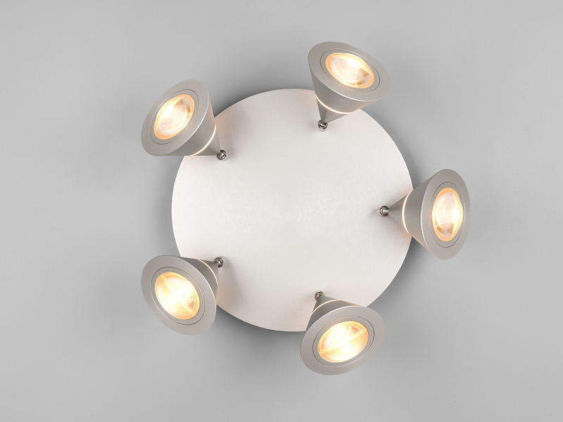 Moderner LED Deckenstrahler ROMEO mit 5 schwenkbaren Spots Silber Ø 30cm