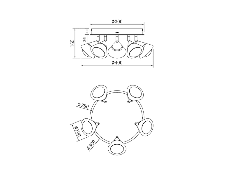 Moderner LED Deckenstrahler ROMEO mit 5 schwenkbaren Spots Silber Ø 30cm