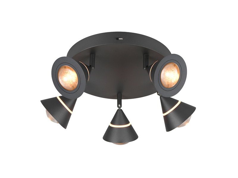 Moderner LED Deckenstrahler ROMEO mit 5 schwenkbaren Spots Schwarz Ø 30cm