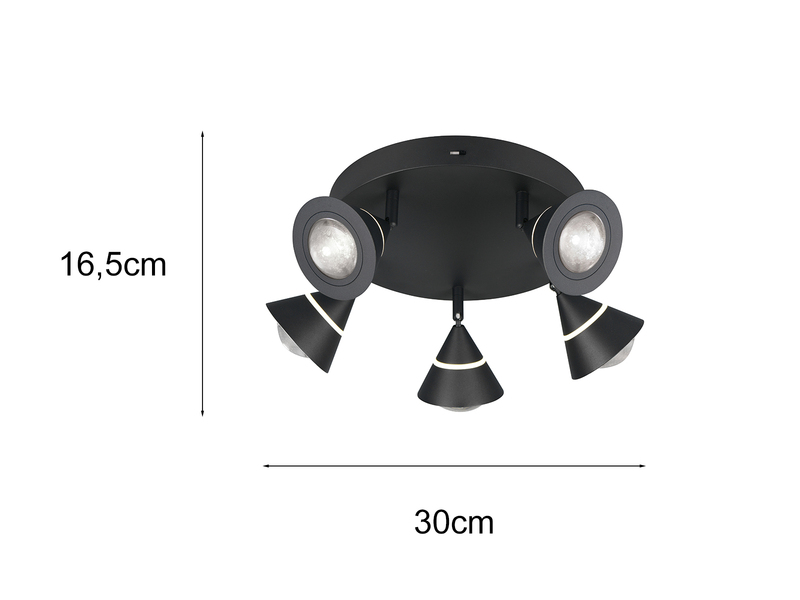 Moderner LED Deckenstrahler ROMEO mit 5 schwenkbaren Spots Schwarz Ø 30cm