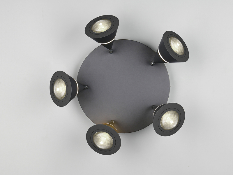 Moderner LED Deckenstrahler ROMEO mit 5 schwenkbaren Spots Schwarz Ø 30cm