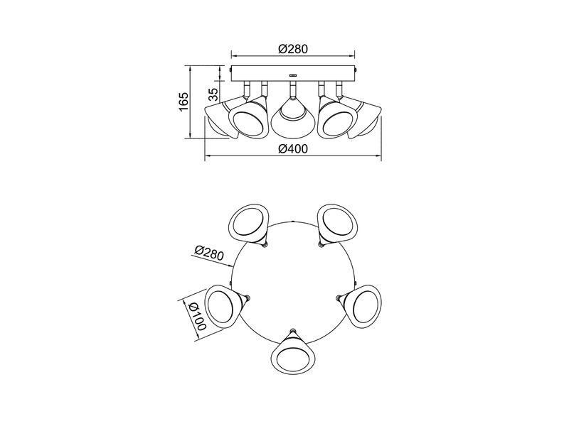 Moderner LED Deckenstrahler ROMEO mit 5 schwenkbaren Spots Schwarz Ø 30cm