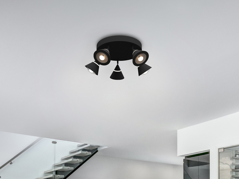 Moderner LED Deckenstrahler ROMEO mit 5 schwenkbaren Spots Schwarz Ø 30cm