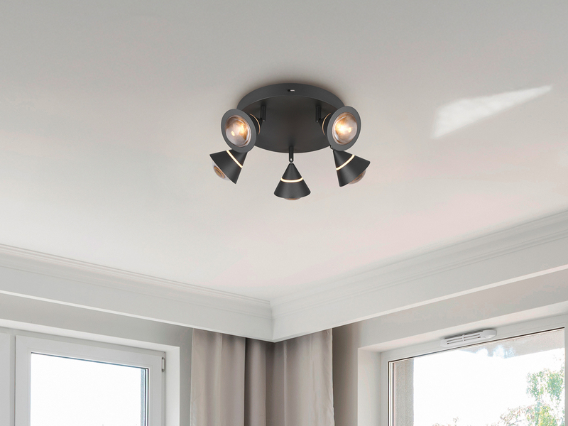 Moderner LED Deckenstrahler ROMEO mit 5 schwenkbaren Spots Schwarz Ø 30cm