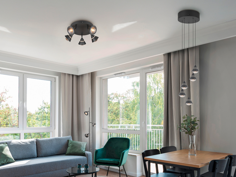 Moderner LED Deckenstrahler ROMEO mit 5 schwenkbaren Spots Schwarz Ø 30cm