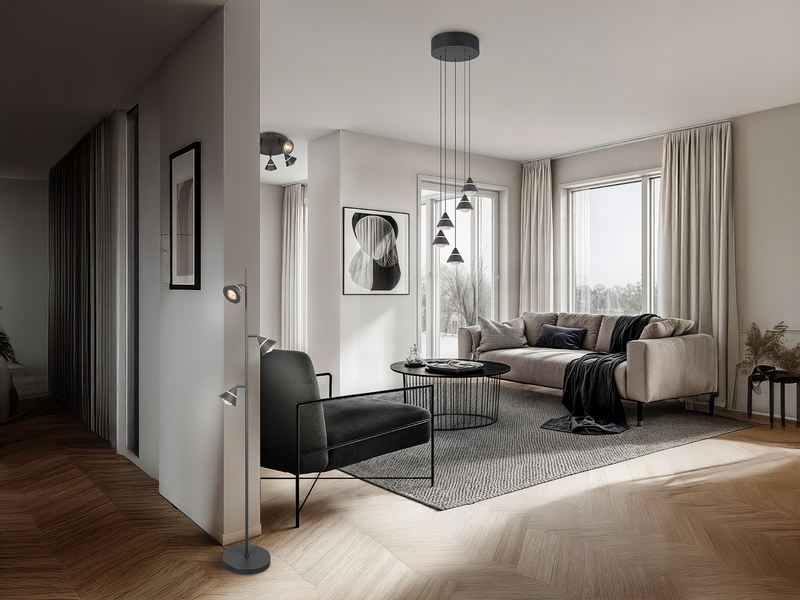 Moderner LED Deckenstrahler ROMEO mit 5 schwenkbaren Spots Schwarz Ø 30cm