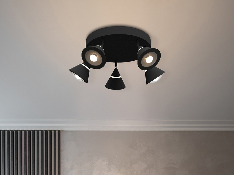 Moderner LED Deckenstrahler ROMEO mit 5 schwenkbaren Spots Schwarz Ø 30cm