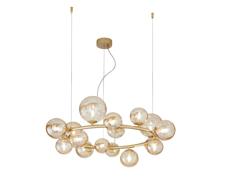 Große LED Pendelleuchte 16-flammig Gold-Glaskugeln Bernsteinfarbig, Ø 82cm