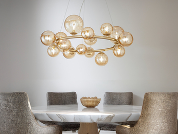 Große LED Pendelleuchte 16-flammig Gold-Glaskugeln Bernsteinfarbig, Ø 82cm