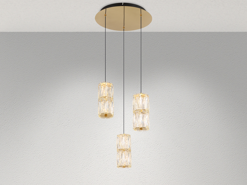 LED Cluster Pendelleuchte STEFANIE 3-flammig Gold mit Glaskristallen, Ø 36cm