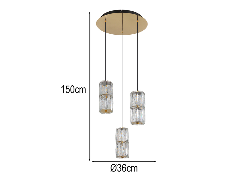 LED Cluster Pendelleuchte STEFANIE 3-flammig Gold mit Glaskristallen, Ø 36cm