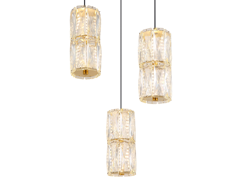 LED Cluster Pendelleuchte STEFANIE 3-flammig Gold mit Glaskristallen, Ø 36cm