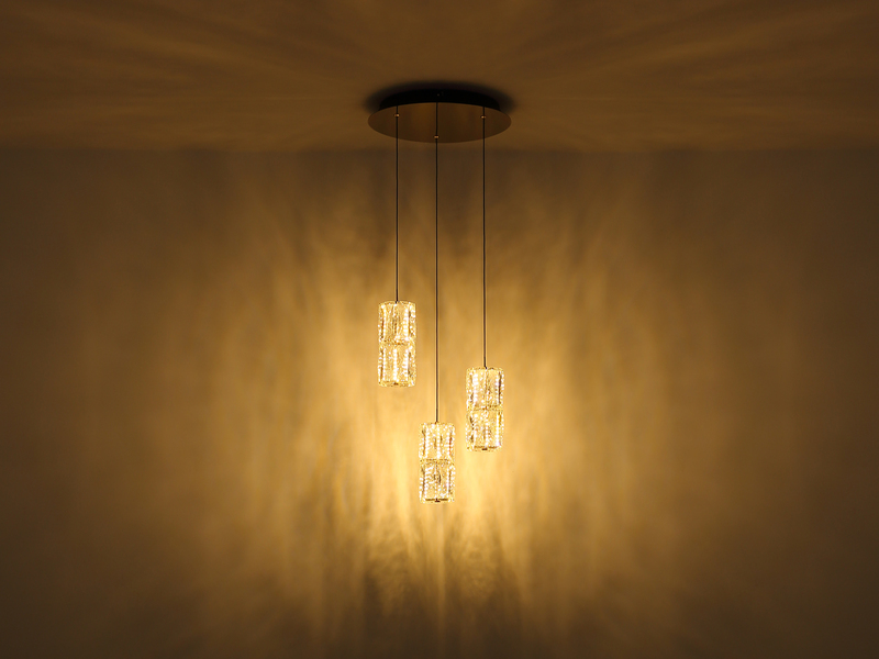 LED Cluster Pendelleuchte STEFANIE 3-flammig Gold mit Glaskristallen, Ø 36cm
