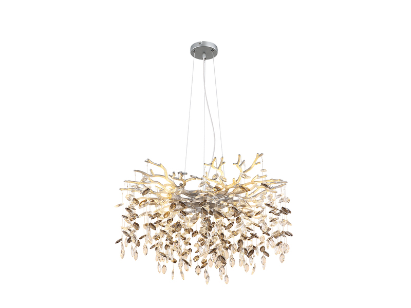 Großer Kronleuchter QUEENA Silber 10-flammig mit Glas Kristall 2-farbig Ø 80cm