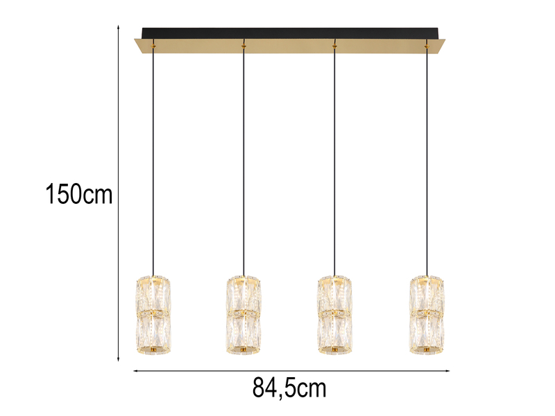 LED Pendelleuchte STEFANIE 4-flammig Gold mit Glaskristallen, Breite 84,5cm