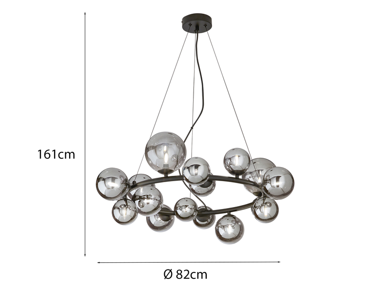 Große LED Pendelleuchte 16-flammig Schwarz-Glaskugeln Rauchglas, Ø 82cm