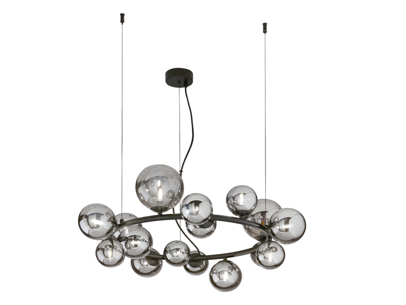 Große LED Pendelleuchte 16-flammig Schwarz-Glaskugeln Rauchglas, Ø 82cm