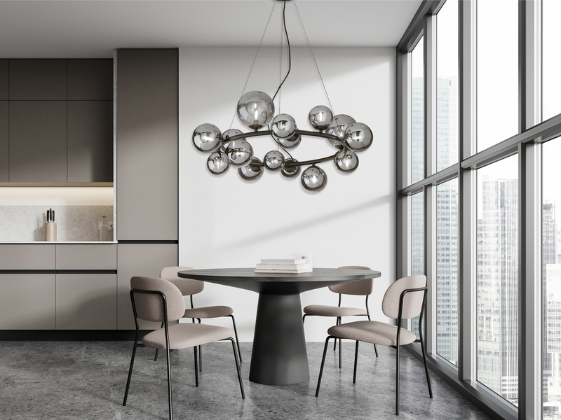 Große LED Pendelleuchte 16-flammig Schwarz-Glaskugeln Rauchglas, Ø 82cm