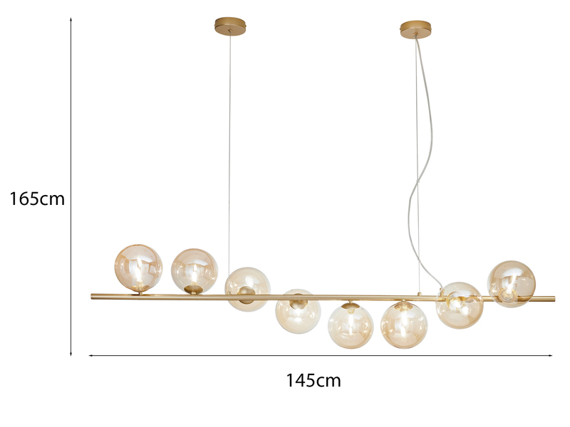 Große LED Pendelleuchte 8-flammig Gold-Glaskugeln Bernstein, Breite 145cm