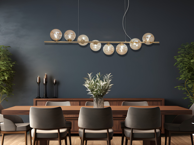 Große LED Pendelleuchte 8-flammig Gold-Glaskugeln Bernstein, Breite 145cm
