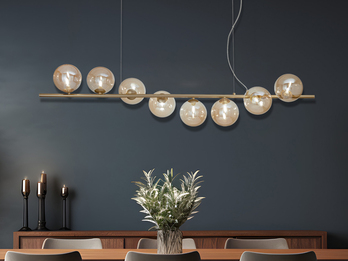 Große LED Pendelleuchte 8-flammig Gold-Glaskugeln Bernstein, Breite 145cm