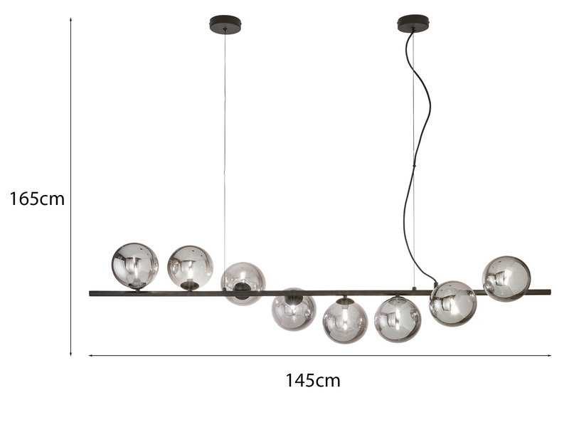 Große LED Pendelleuchte 8-flammig Schwarz-Glaskugeln Rauchglas, Breite 145cm
