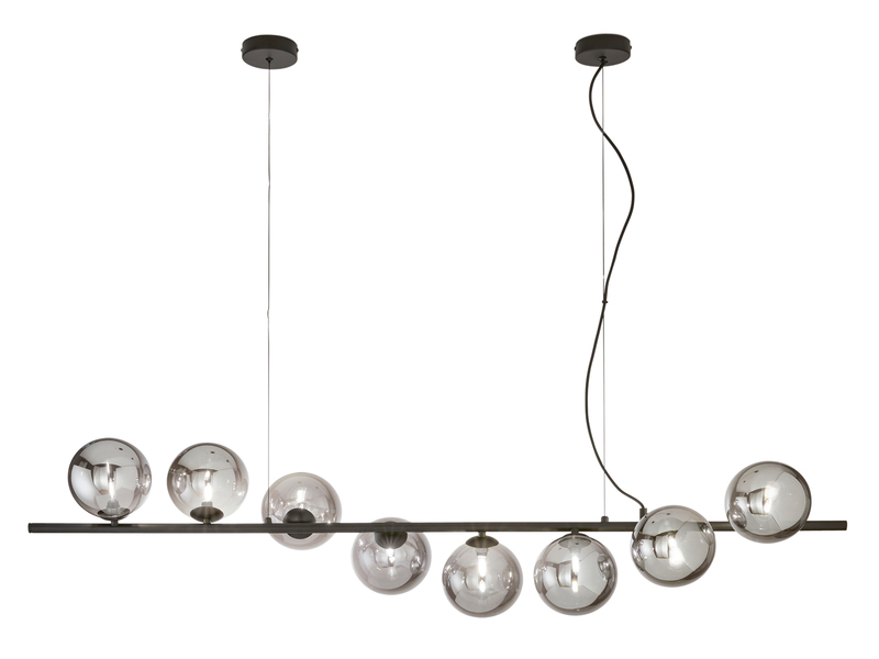 Große LED Pendelleuchte 8-flammig Schwarz-Glaskugeln Rauchglas, Breite 145cm