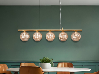 LED Pendelleuchte 5-flammig Gold-Glaskugeln Bernstein, Breite 100cm