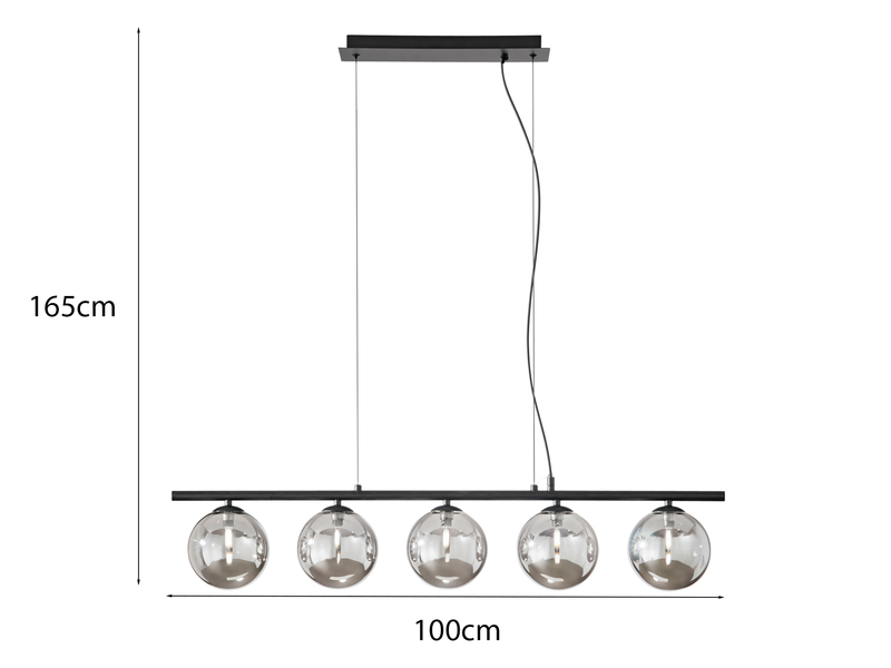 LED Pendelleuchte 5-flammig Schwarz-Glaskugeln Rauchglas, Breite 100cm