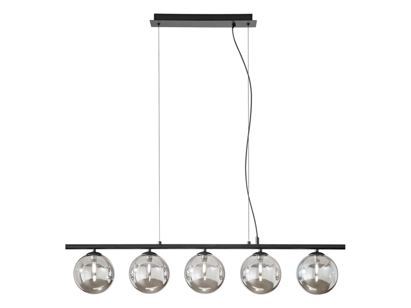 LED Pendelleuchte 5-flammig Schwarz-Glaskugeln Rauchglas, Breite 100cm