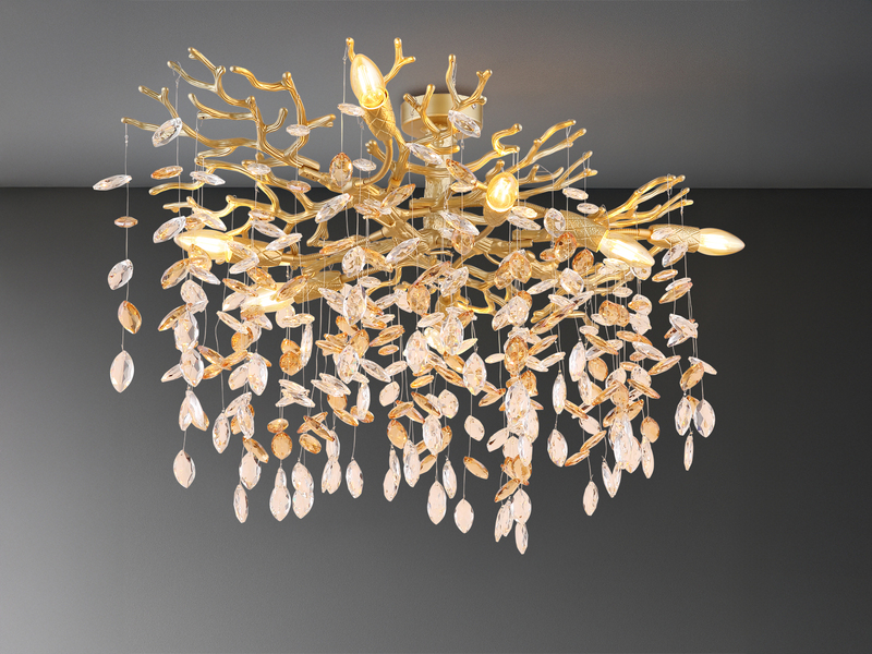 Große Deckenleuchte QUEENA Gold 7-flammig Glas Kristall 2-farbig, Breite 85cm