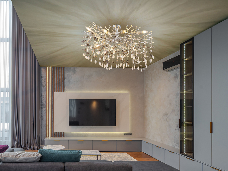 Große Deckenleuchte QUEENA Silber 7-flammig Glas Kristall 2-farbig, Breite 85cm