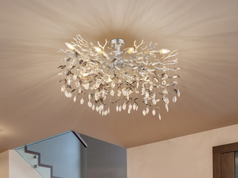 Große Deckenleuchte QUEENA Silber 7-flammig Glas Kristall 2-farbig, Breite 85cm