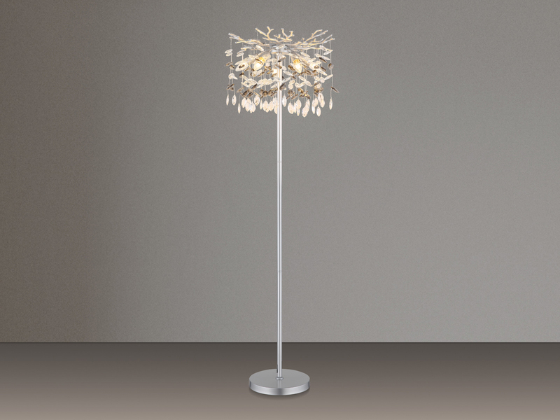 Ausgefallene Stehlampe QUEENA Silber mit Glas Kristall 2-farbig, Höhe 155cm