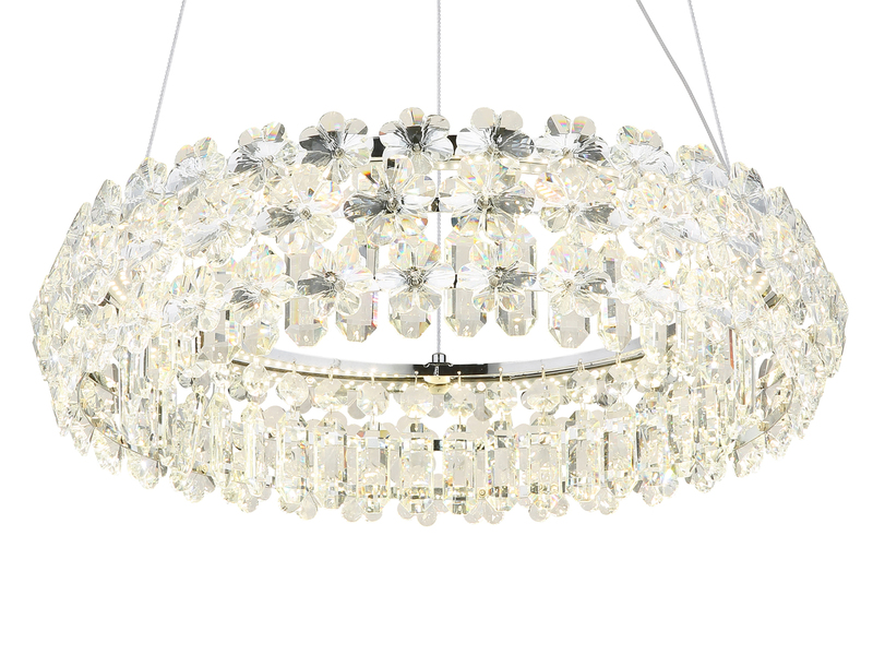 Große LED Ring Pendelleuchte DIANN mit Glaskristallen in Blütenoptik, Ø 60cm