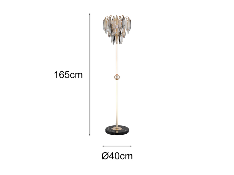 Ausgefallene Stehlampe ELINOR Gold mit 3-farbigem K9 Kristall, Höhe 165cm