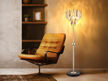 Ausgefallene Stehlampe ELINOR Gold mit 3-farbigem K9 Kristall, Höhe 165cm