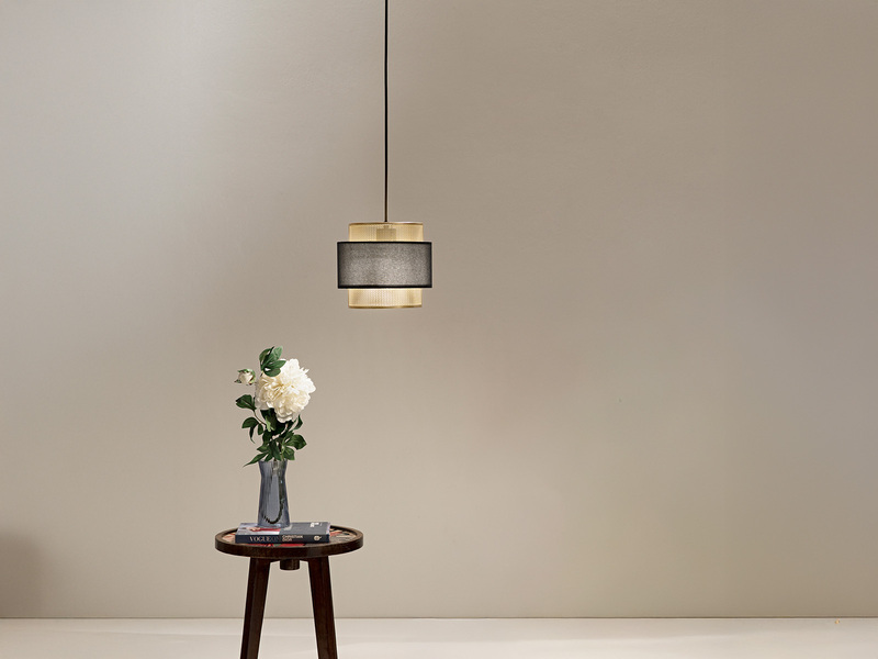 Pendelleuchte LOUNGE einflammig, Metall Gold mit Stoffblende Schwarz, Ø 21cm