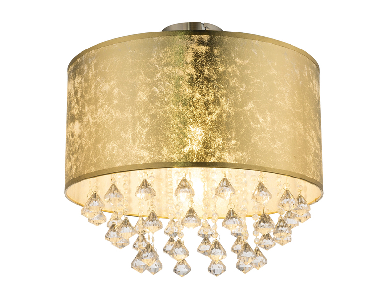 Deckenleuchte AMY mit Stoff Lampenschirm Gold & Kristall Behang, Ø 40cm