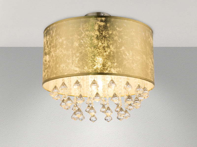 Deckenleuchte AMY mit Stoff Lampenschirm Gold & Kristall Behang, Ø 40cm