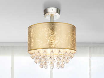 Deckenleuchte AMY mit Stoff Lampenschirm Gold & Kristall Behang, Ø 40cm