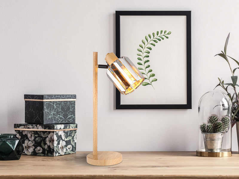 Moderne Tischlampe RUN mit Lampenschirm aus Rauchglas Kristall, Höhe 40cm