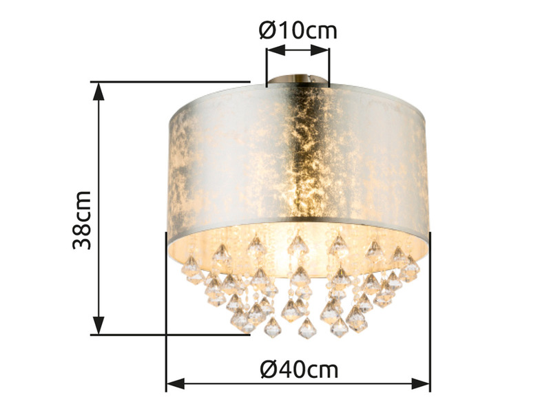 Deckenleuchte AMY mit Stoff Lampenschirm Silber & Kristall Behang, Ø 40cm