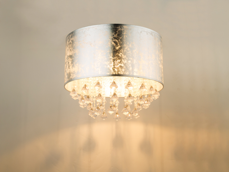 Deckenleuchte AMY mit Stoff Lampenschirm Silber & Kristall Behang, Ø 40cm