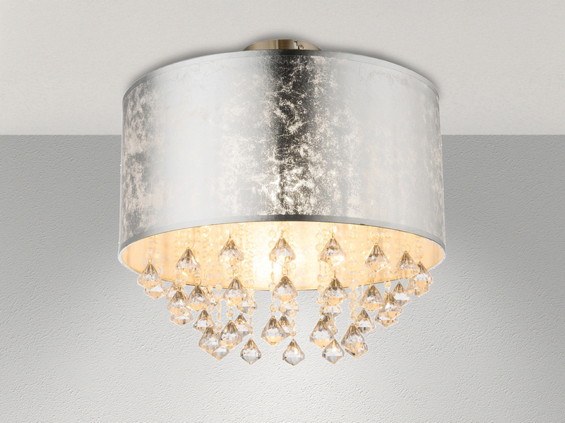 Deckenleuchte AMY mit Stoff Lampenschirm Silber & Kristall Behang, Ø 40cm