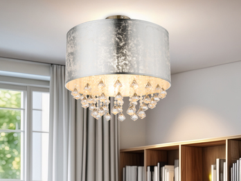 Deckenleuchte AMY mit Stoff Lampenschirm Silber & Kristall Behang, Ø 40cm